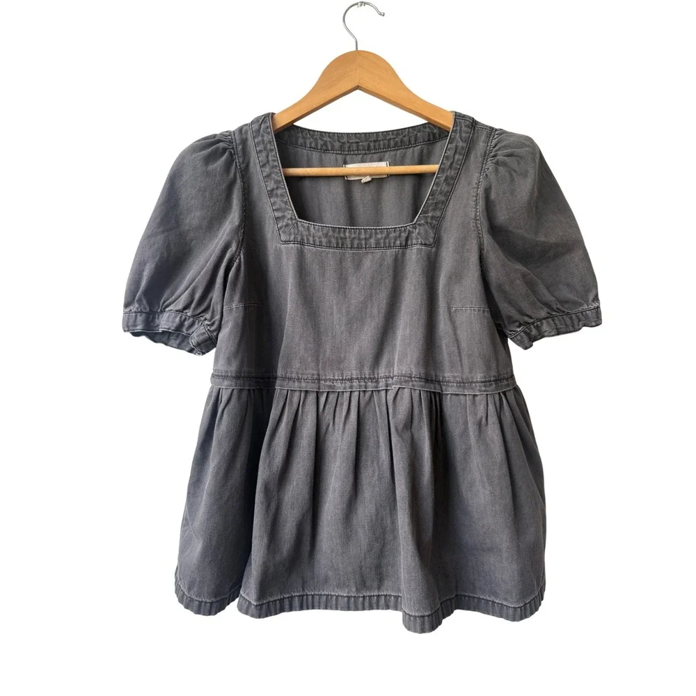 Madewell Y2K Denim Babydoll Top Size S Puff Sleeve‎ Twee Dark Coquette Preppy
